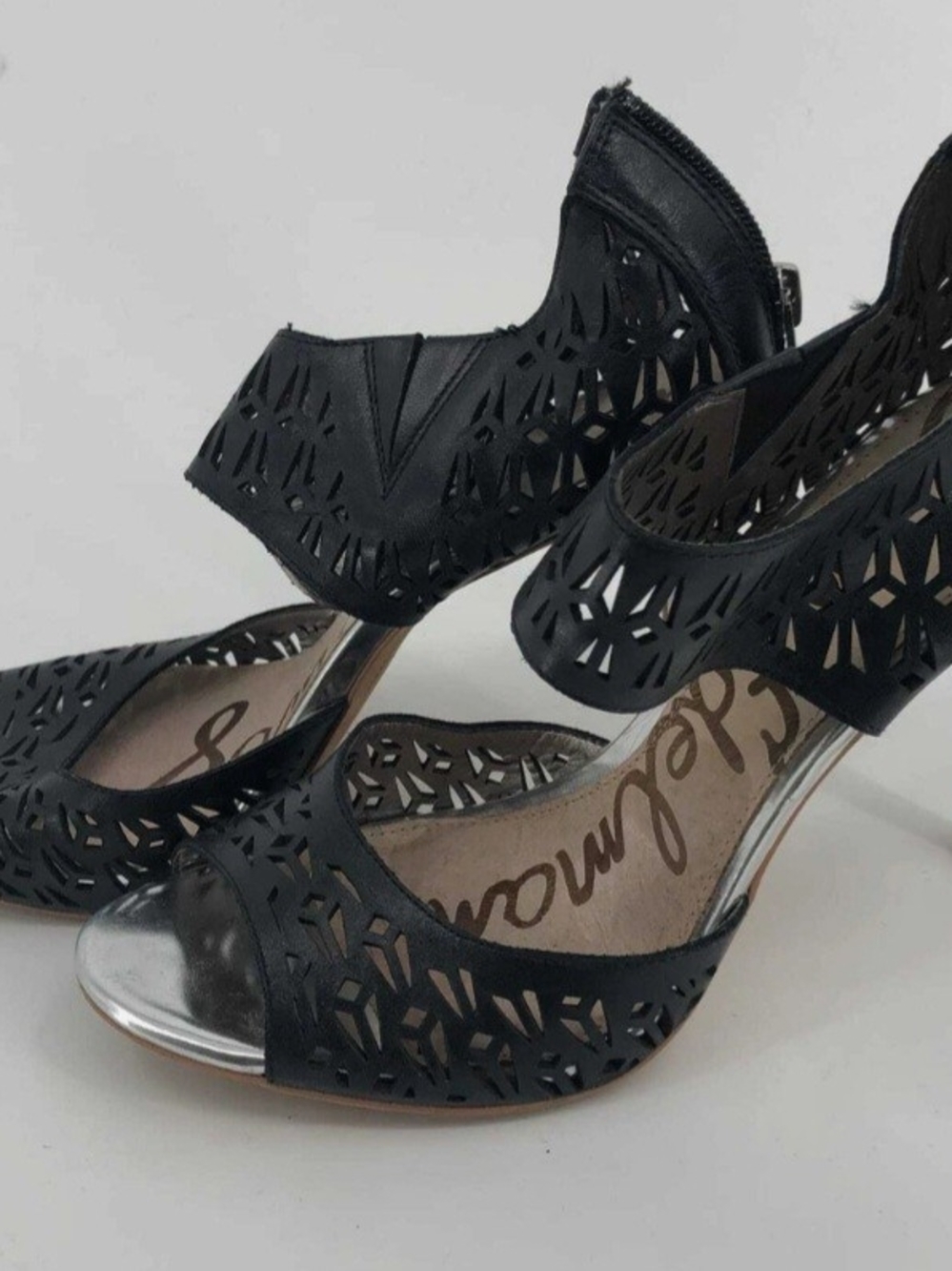 Sam Edelman Black Cutout Peep-Toe Heels with Silver Toe